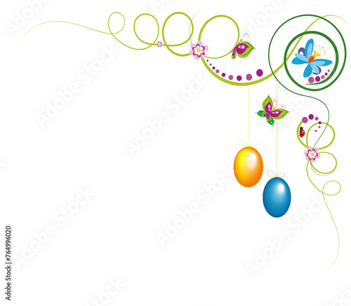 Easter background with colorful eggs and spring green plants.