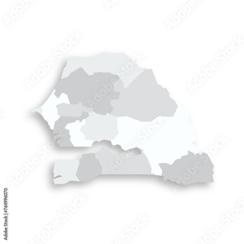 Senegal political map of administrative divisions - regions. Grey blank flat vector map with dropped shadow.