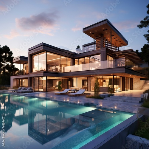 Wallpaper Mural Impressive modern mansion with pool at dusk . Natural Landscape
 Torontodigital.ca