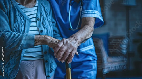 a nurse aids an elderly woman in standing up, their hands firmly gripping her walking stick, both dressed in a blue uniform and beige sweater with black stripes. © lililia