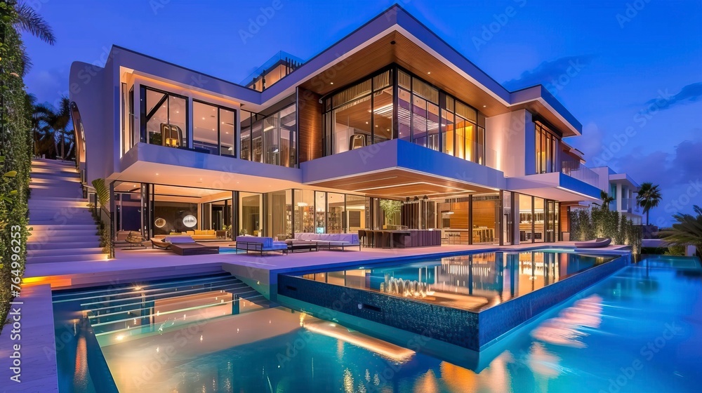 Fototapeta premium Impressive modern mansion with pool at dusk . Natural Landscape 