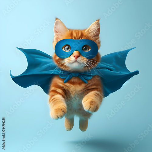 superhero cat, Cute orange tabby kitty with a blue cloak and mask jumping and flying on light blue background with copy space. Cat, animal,kitten,super hero, flying,illustration, Ai generated  © Fayyaz