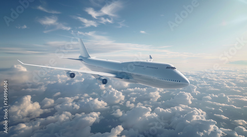 a jumbo jet soaring through a sky dotted with fluffy white clouds