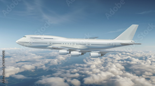 a jumbo jet soaring through a sky dotted with fluffy white clouds