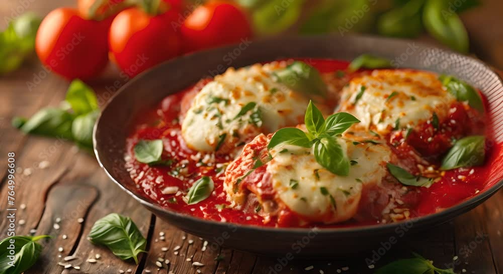 A plate of eggplant Parmesan with melted mozzarella and basil A plate of eggplant Parmesan with melted mozzarella and basil