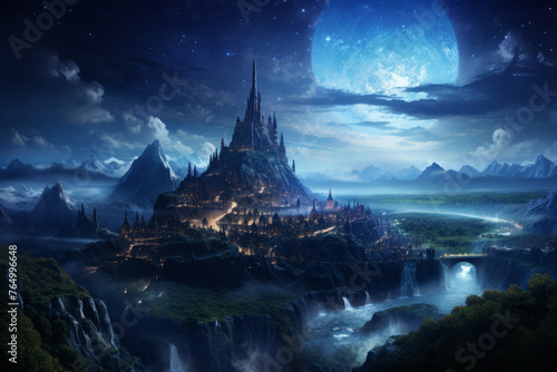 Fantasy cityscape under moonlight