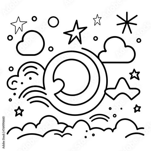 Moon and stars in doodle style. Black and white vector illustration.