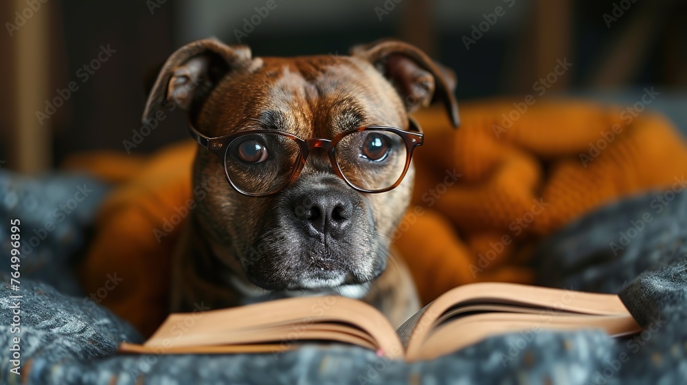 dog in glasses reading book at home.