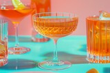 Fancy whiskey cocktails sitting on a colorful pastel bar top, with vibrant colors in 90s style.