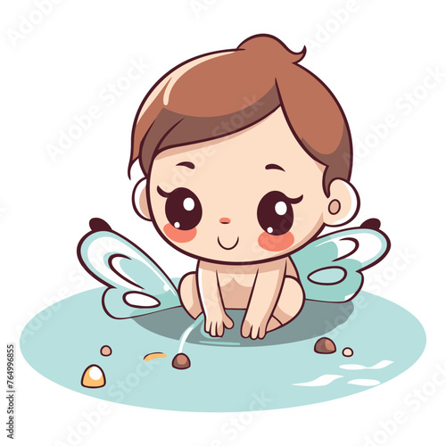 Cute little boy with butterfly wings in the water.