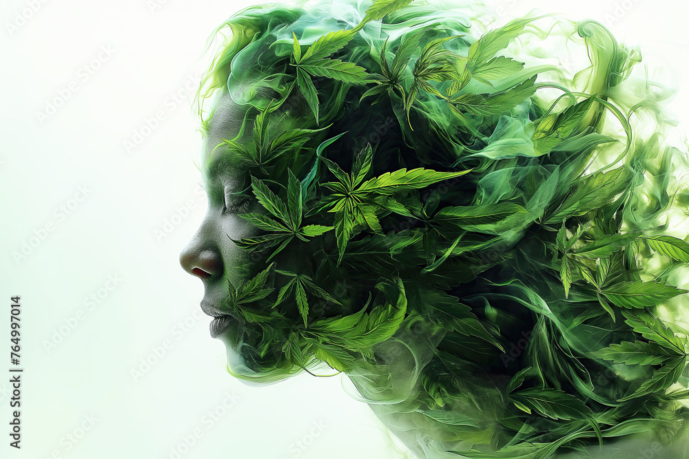 head of a marijuana consumer girl made of leaf of green cannabis leaves on a white isolated background