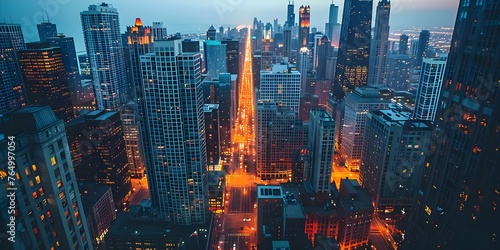 Aerial view of bustling city streets surrounded by towering highrises at dusk. Concept City Life, Urban Landscape, Dusk Skyline, Highrise Buildings, Aerial View photo