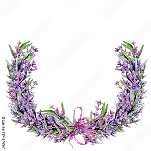 Watercolour vignette of lavender branch with flowers and leavesб tied with a ribbon, drawn by hand