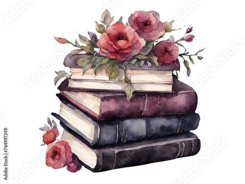 Stack of books with dark pink rose flowers on top of them in a boho goth cottagecore watercolor painting illustration style
