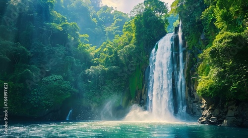 The environment: A breathtaking waterfall cascading down a rocky cliff
