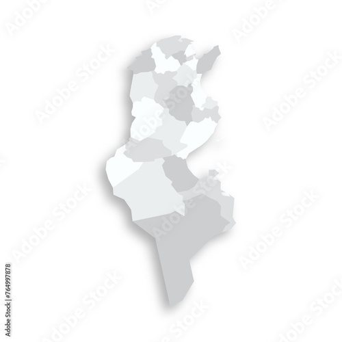 Tunisia political map of administrative divisions - governorates. Grey blank flat vector map with dropped shadow.