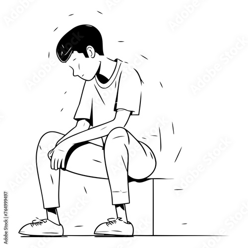 Sad man sitting on a bench in sketch style.