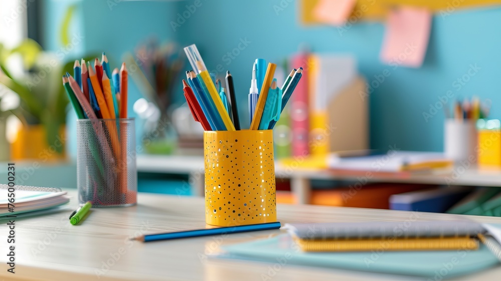 Spooky close-up: teacher's desk in classroom with assorted school supplies - educational concept backdrop Spooky close-up: teacher's desk in classroom with assorted school supplies - educational concept backdrop