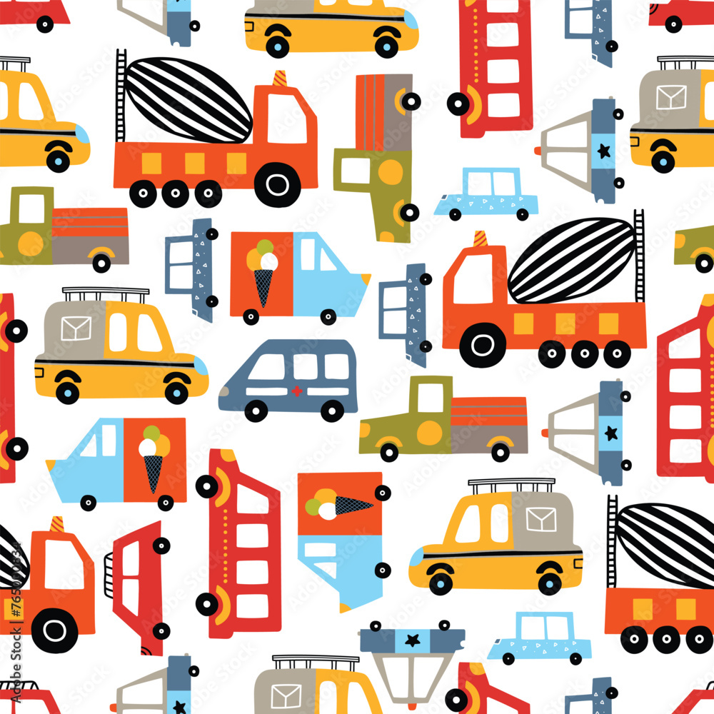 Cute kids seamless pattern with cars on a white background.Can be used in textile industry, paper, background, scrapbooking.Vector Cute kids seamless pattern with cars on a white background.Can be used in textile industry, paper, background, scrapbooking.Vector
