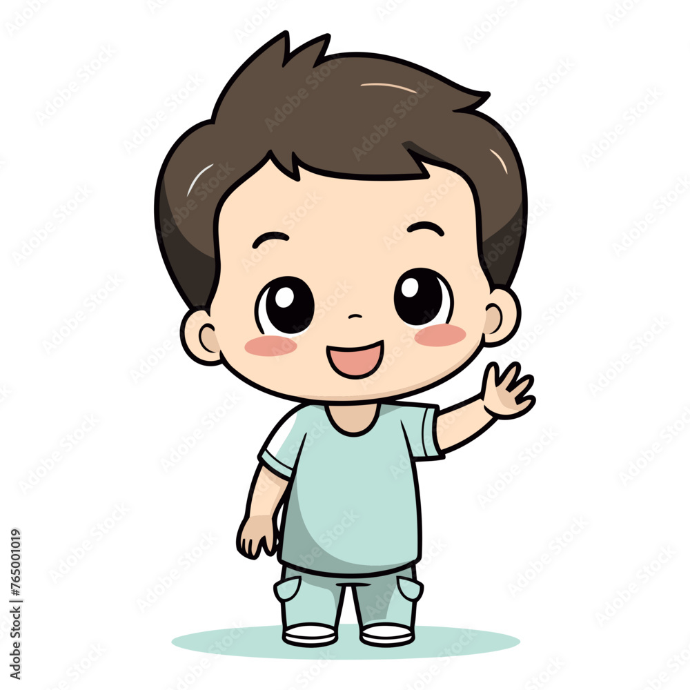 Cute little boy waving hand. Cartoon character.