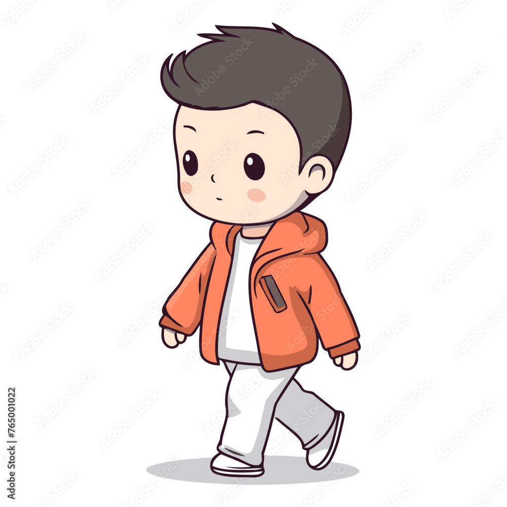 Boy walking cartoon character vector illustration. Cute little boy in sportswear.