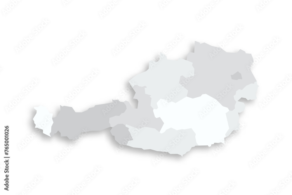 Austria political map of administrative divisions - federal states. Grey blank flat vector map with dropped shadow. Austria political map of administrative divisions - federal states. Grey blank flat vector map with dropped shadow.