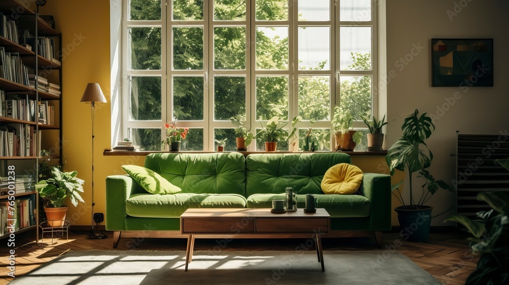 Living room interior with green sofa and coffee table with sunlight . Interior design
