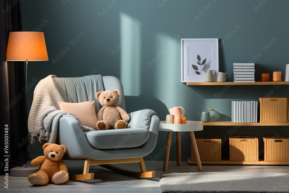 Minimal interior in the children's room, calm light gray color for the children's room. Minimal interior in the children's room, calm light gray color for the children's room.