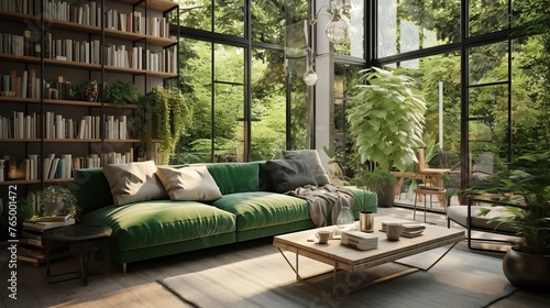 Living room interior with green sofa and coffee table with sunlight . Interior design  © CREATIVE STOCK