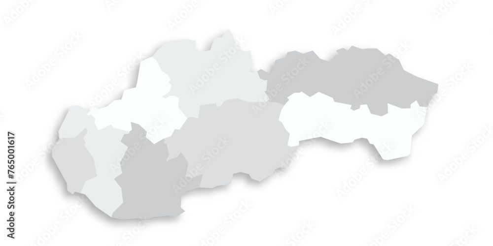 Slovakia political map of administrative divisions - regions. Grey blank flat vector map with dropped shadow.