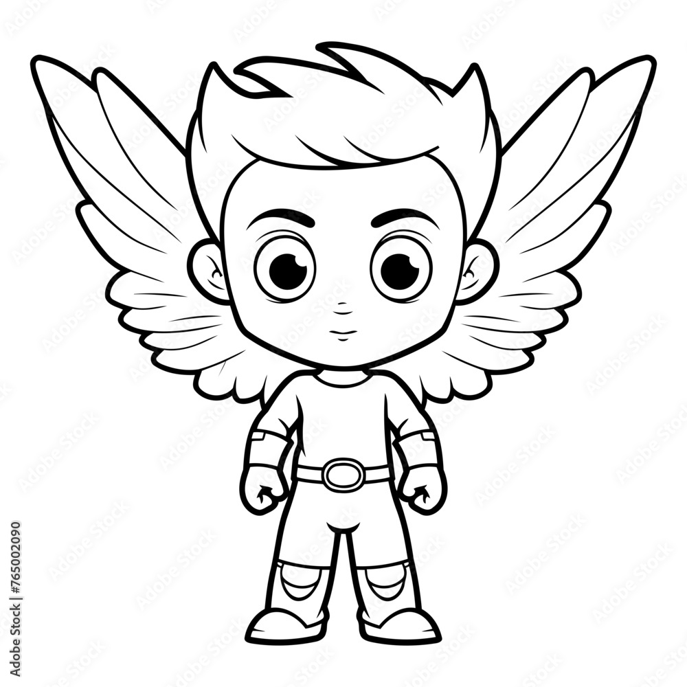Black and White Cartoon Illustration of Cute Angel Character for Coloring Book