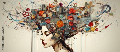 An illustration of a woman's head depicting a multitude of diverse thoughts and ideas inside, on a clean white background photo