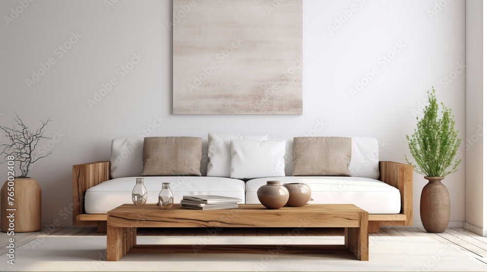 Minimal living room with wooden coffee table near sofa close-up. Interior design
Minimal living room with wooden coffee table near sofa close-up. Interior design