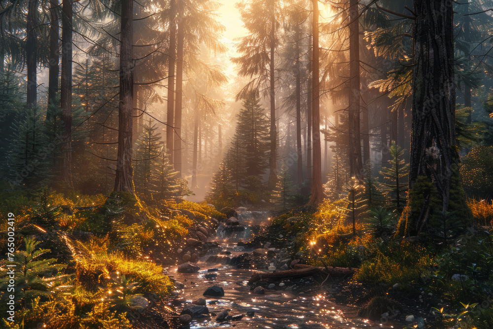 Sunlight penetrates forest stream Sunlight penetrates forest stream