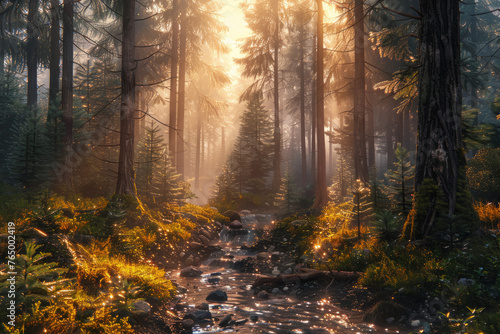 Sunlight penetrates forest stream © nan