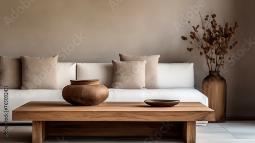 Minimal living room with wooden coffee table near sofa close-up. Interior design
