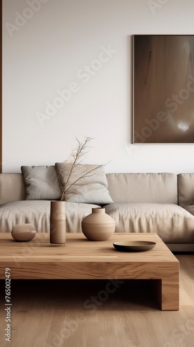 Minimal living room with wooden coffee table near sofa close-up. Interior design 