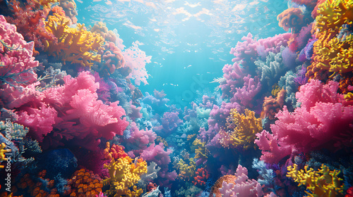 Top view of a colorful coral reef, spacious copy space, no text, no logo, no brand, no letters, Cinematic, vibrant colors, wallpaper style, master piece, background, photorealistic