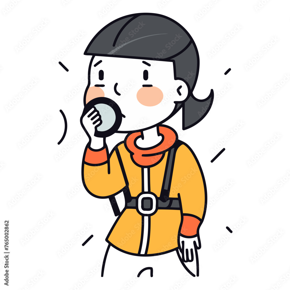 Illustration of a woman wearing a helmet holding a coffee cup.
