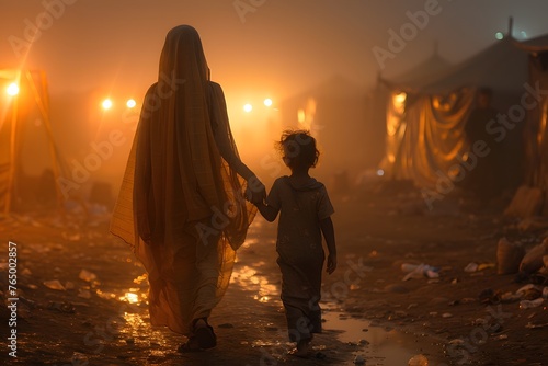 Woman and Child Walking Through Dirty Field © D
