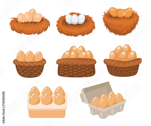 Set of Eggs in Boxes, Farmer Production, Organic Farm Food Icons for Market Place, Store or Shop. Poultry Production, Agriculture, with egg nest, egg basket and egg tray, isolated on white background.