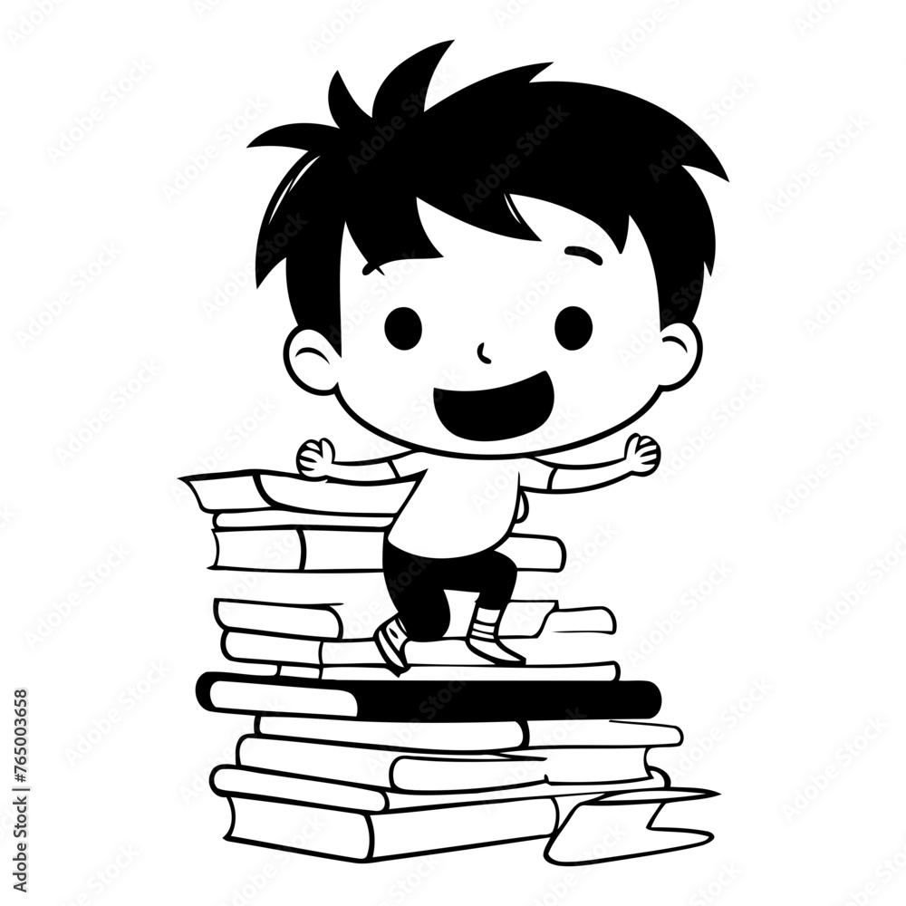 Little boy standing on pile of books of a little boy sitting on pile of books.
