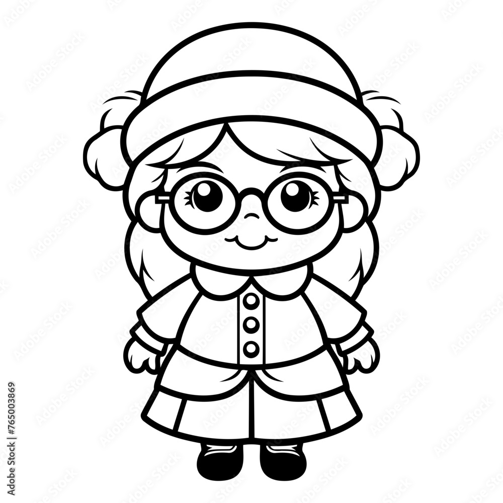 Black and White Cartoon Illustration of Cute Little Girl Wearing Winter Clothes Coloring Book