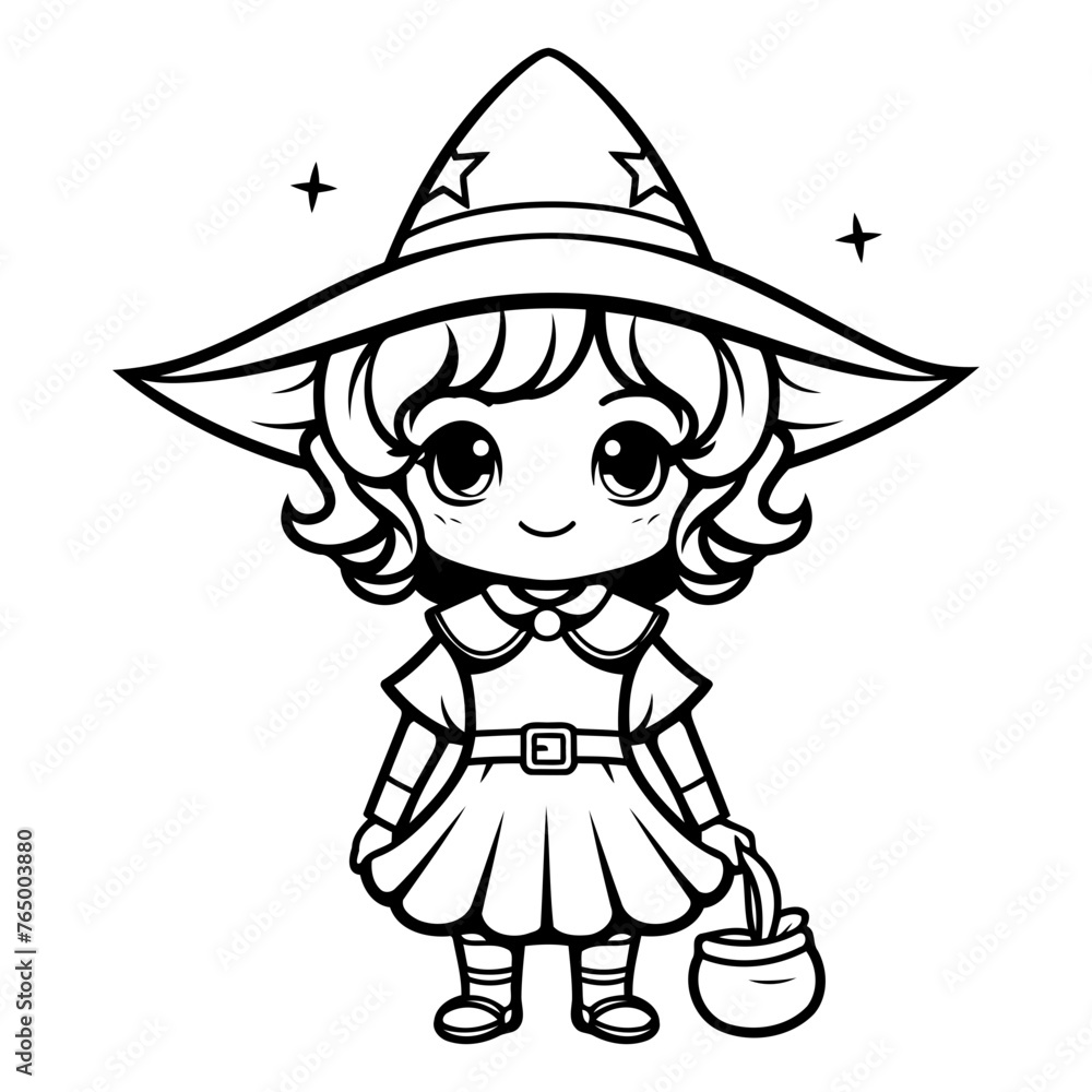 Black and White Cartoon Illustration of Cute Little Witch Girl Character for Coloring Book