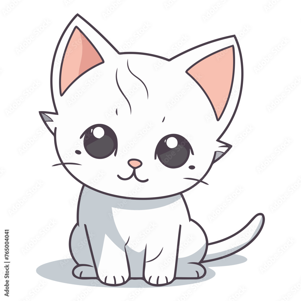 Cute white cartoon cat on white background for your design