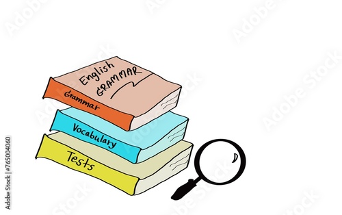 Hand drawn picture of English Grammar, Vocabulary and Tests book.  Illustration for education. Concept, English language teaching. grammar, Tenses lesson. Teaching aid. 