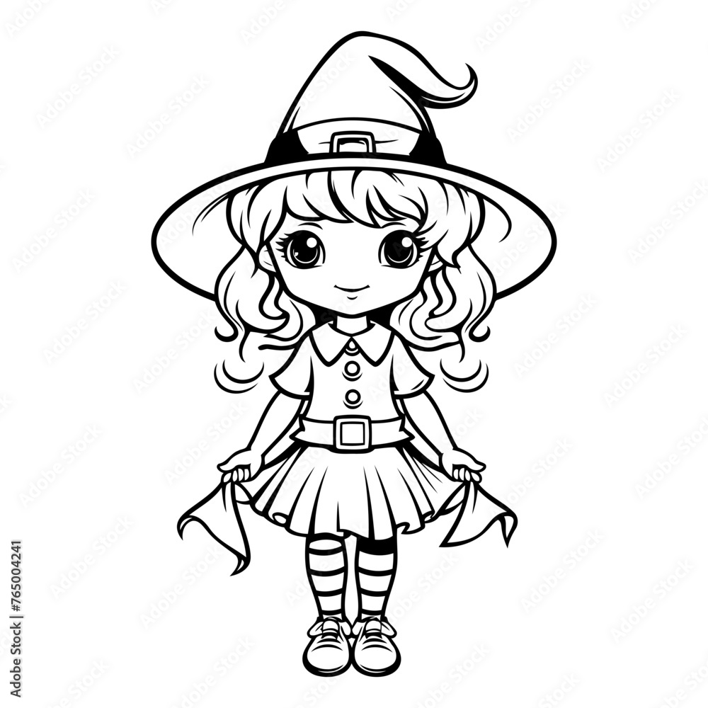 Cute little witch. Black and white vector illustration for coloring book.
