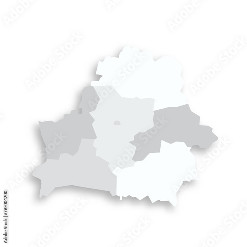 Belarus political map of administrative divisions - regions and one autonomous city. Grey blank flat vector map with dropped shadow.