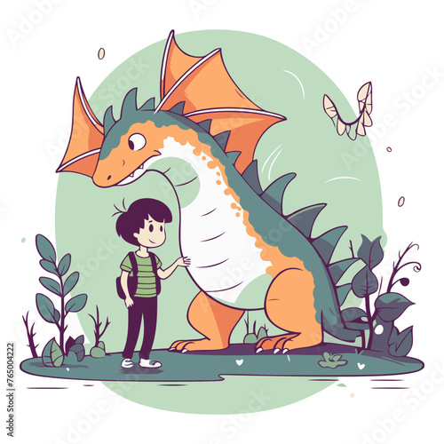 Cute little boy playing with dinosaur in the park