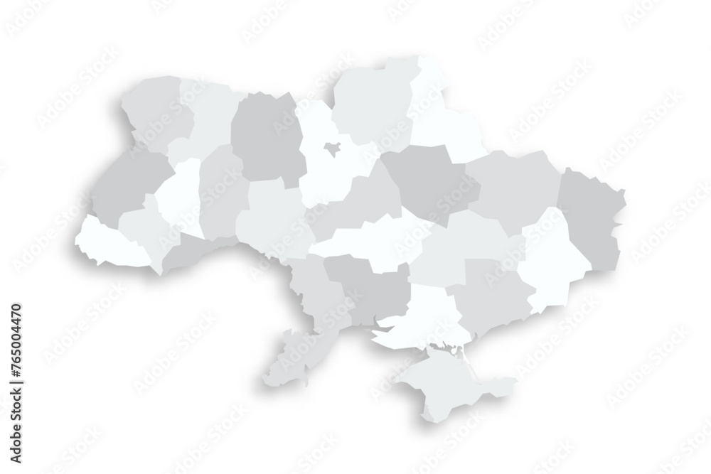 Ukraine political map of administrative divisions - regions, two cities with special status of Kyiv and Sevastopol, and autonomous republic of Crimea. Grey blank flat vector map with dropped shadow.